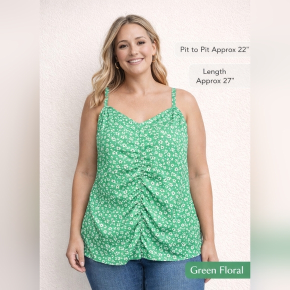 Lush Tops - Lush Green Floral Ruched Cami Top 2X Plus Size Adjustable Straps